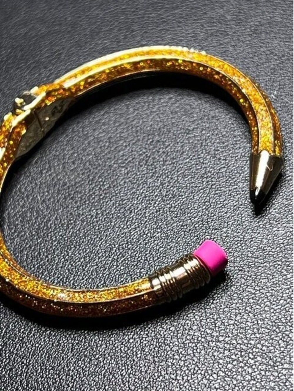 B6952 Betsey Johnson Pencil Bangle Bracelet Gold Glitter Hinged Pink Eraser